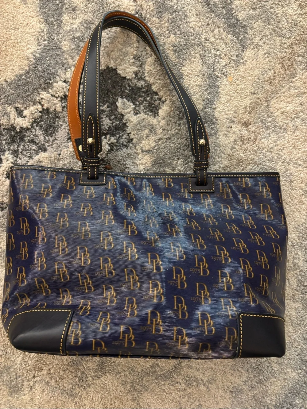 Dooney & Bourke Navy Logo Tote with Tan and Black Accents